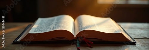 Glowing open bible on wooden desk with subtle background blur, wood, luminosity, natural light