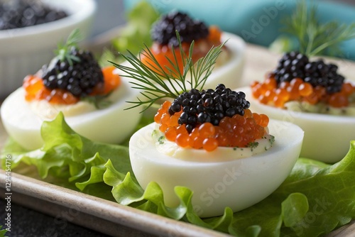 Closeup view of eggs with black caviar and salmon roe