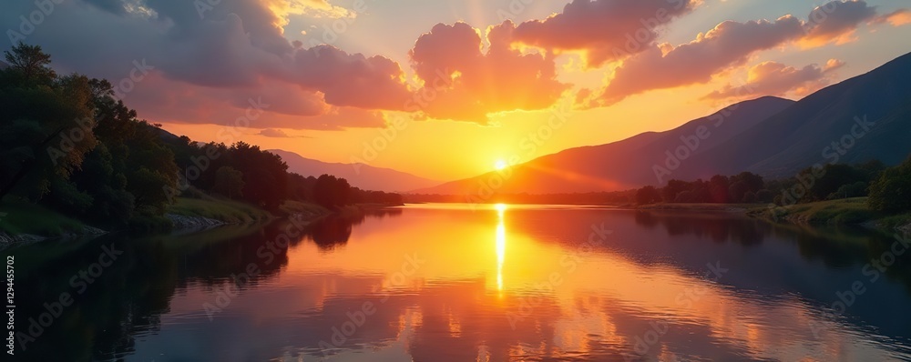 golden sunset over the river with a distant mountain range in the background, nature, sky, scenery golden sunset over the river with a distant mountain range in the background, nature, sky, scenery