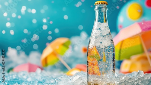 Refreshing summer beverage in glass bottle beachside paradise drink photography vibrant atmosphere close-up view chill vibes photo