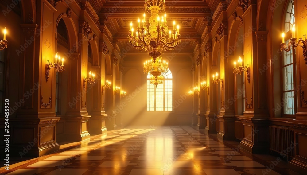 Obraz premium Golden light swirls around ornate chandeliers, gold, hall
