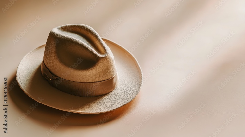 Stylish fedora hat display minimalist setting product photography soft lighting close-up fashion accessory Stylish fedora hat display minimalist setting product photography soft lighting close-up fashion accessory