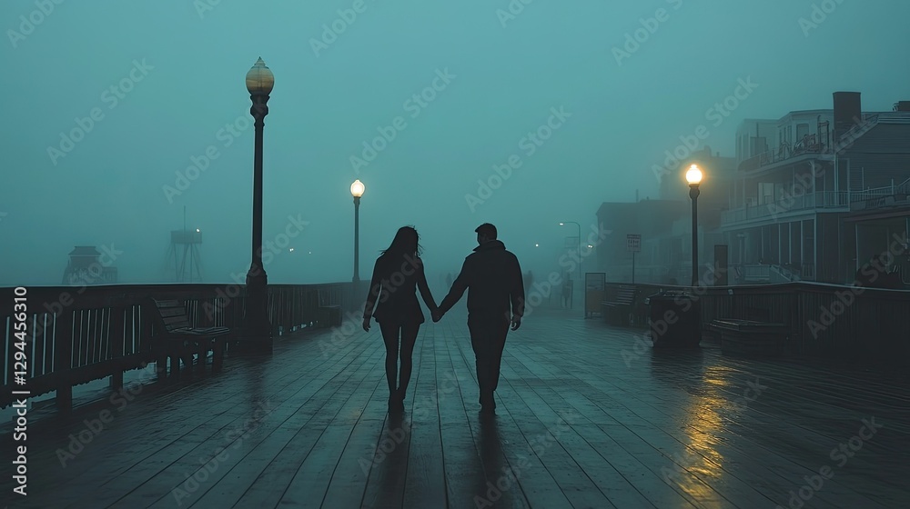 Fototapeta premium A couple holding hands while walking on the boardwalk