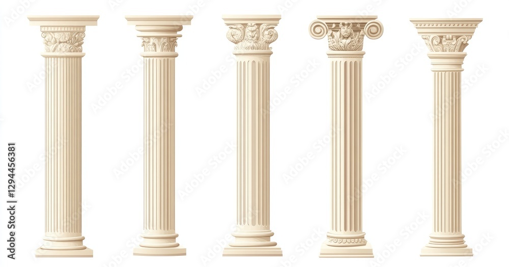Set of beige antique columns, ancient Greek and Roman pillars, architectural elements Set of beige antique columns, ancient Greek and Roman pillars, architectural elements
