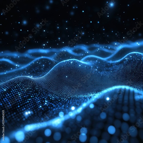 Abstract blue digital landscape with glowing particles and futuristic wave pattern on dark background for technology and science concepts