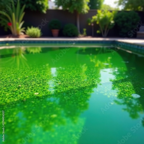 Green algae bloom in a suburban backyard pool, algae, algaebloom, nature