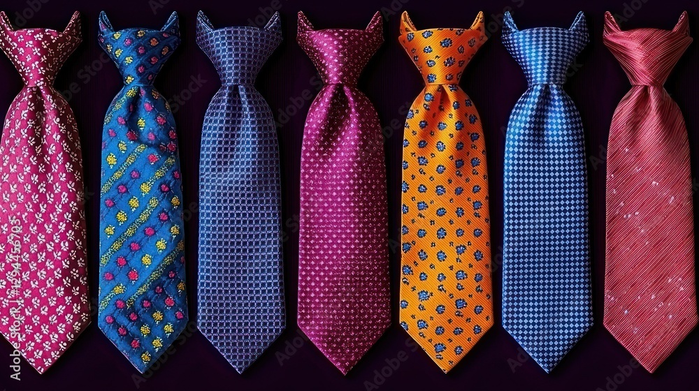Row of colorful patterned neckties on dark background Row of colorful patterned neckties on dark background