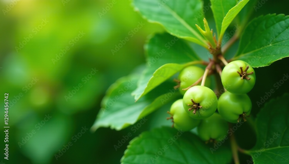 Green gooseberry leaves on bush with stems and small flowers, flowers, stems Green gooseberry leaves on bush with stems and small flowers, flowers, stems