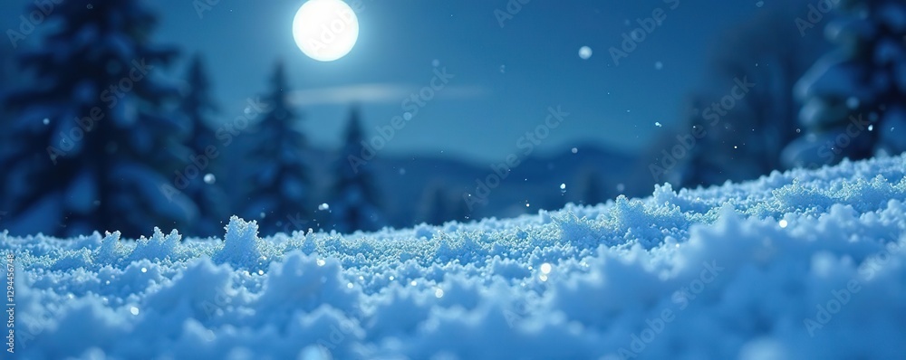 Fototapeta premium Icy crystals dance in the pale moonlight on a pristine snowy surface, wintry scene, serene landscape