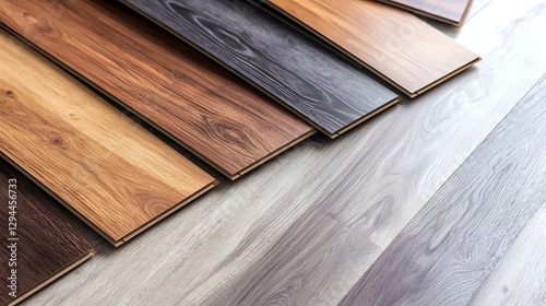 Neatly arranged wood laminate floor samples in various natural tones showcasing diverse textures and grain patterns perfect for interior design home renovation and flooring material selection