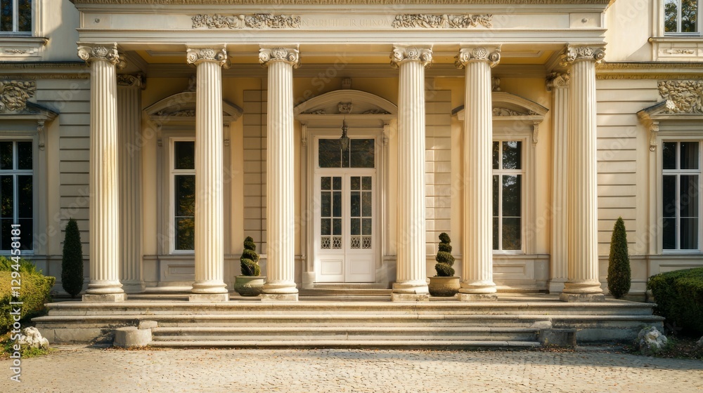 Obraz premium Elegant Colonial Style Building Entrance with Columns and Plants