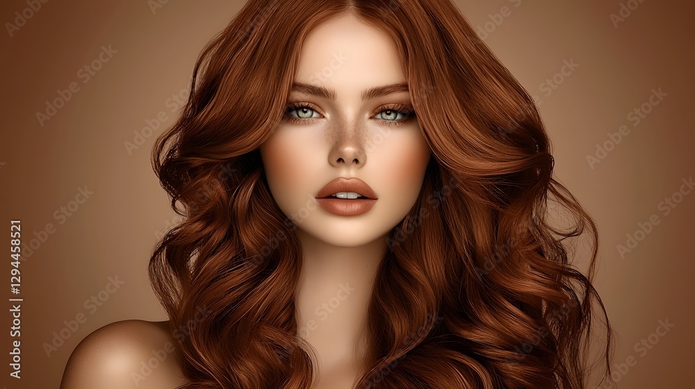 Fototapeta premium Striking beauty portrait of a gorgeous woman with vivid fiery red curly hair and a smooth glowing complexion The high end fashion photography style showcases the model s confidence and allure