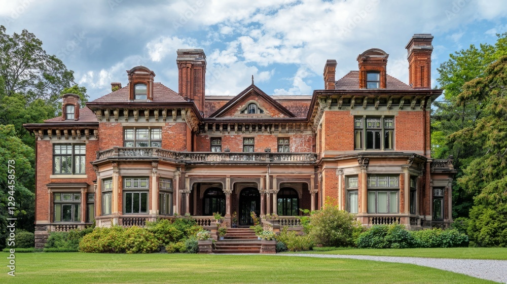 Fototapeta premium Elegant Historical Mansion Surrounded by Lush Greenery and Blue Sky