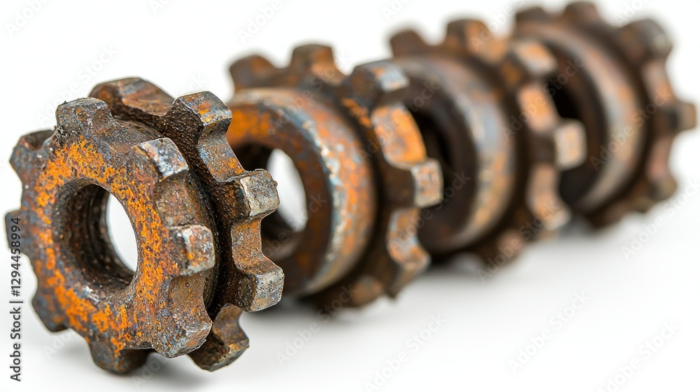 Rusty gears arranged in a row against a white background. Possible use industrial, vintage, machinery Rusty gears arranged in a row against a white background. Possible use industrial, vintage, machinery