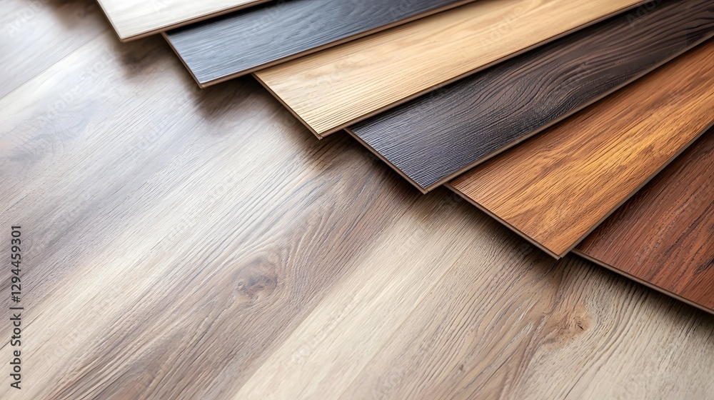 Variety of vinyl tile and parquet flooring samples arranged in a square layout showcasing warm oak and natural wood finishes for elegant and modern options suitable for home commercial