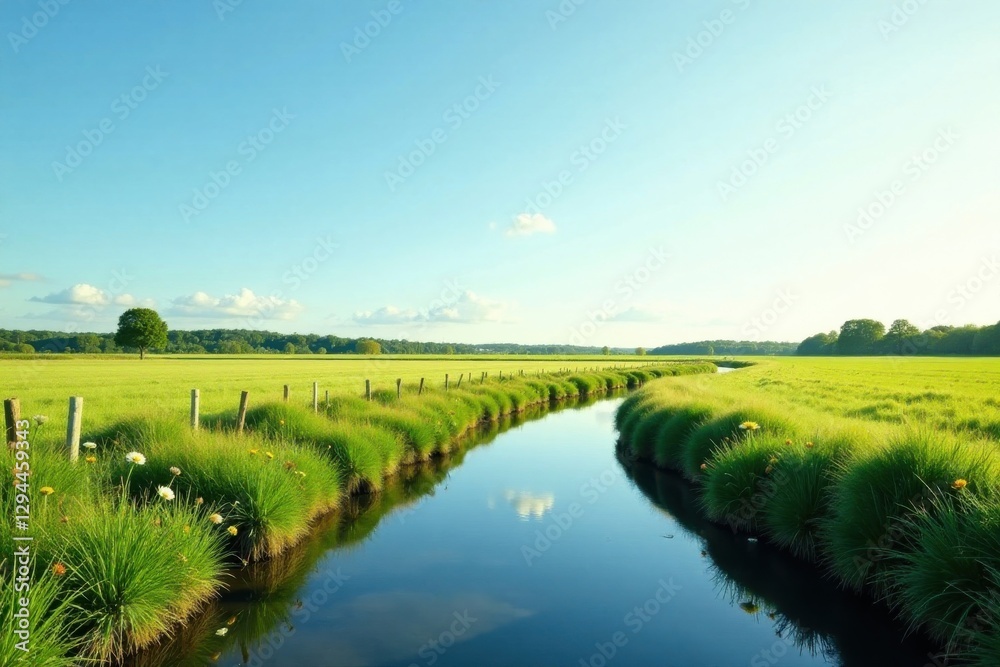 Obraz premium Serene Canal Winding Through Lush Green Meadow Under a Clear Blue Sky