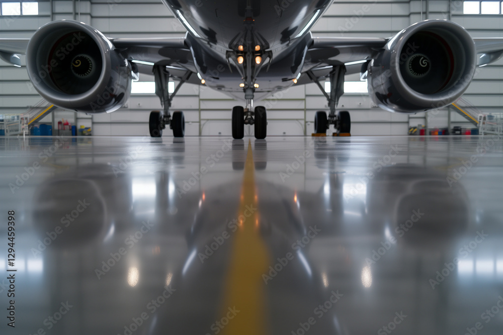 Jet underside reflection on polished hangar floor creates symmetrical abstract art Jet underside reflection on polished hangar floor creates symmetrical abstract art