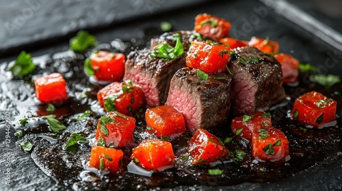 Seared Steak with Candied Sweet Peppers on Dark Plate