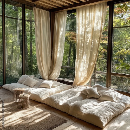 A room features interior design with a scenic forest view photo