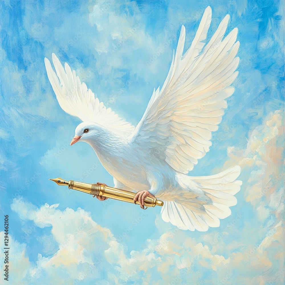Obraz premium Symbolic Illustration of a White Dove Holding a Golden Pen Representing Journalism and Press Freedom