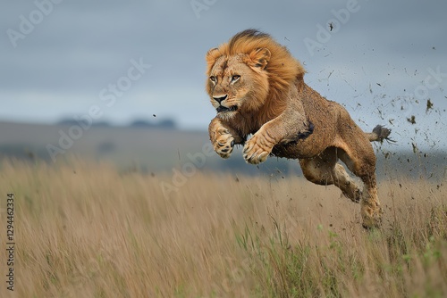 Magnificent lion leaping dynamically across the golden savannah plains
