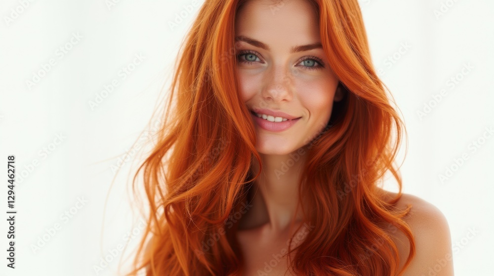 European woman with long, shiny red wavy hair against a soft white background, vibrant and healthy European woman with long, shiny red wavy hair against a soft white background, vibrant and healthy