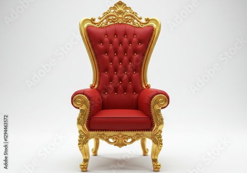 A ornate throne chair with a regal red velvet cushion and intricately carved gold accents