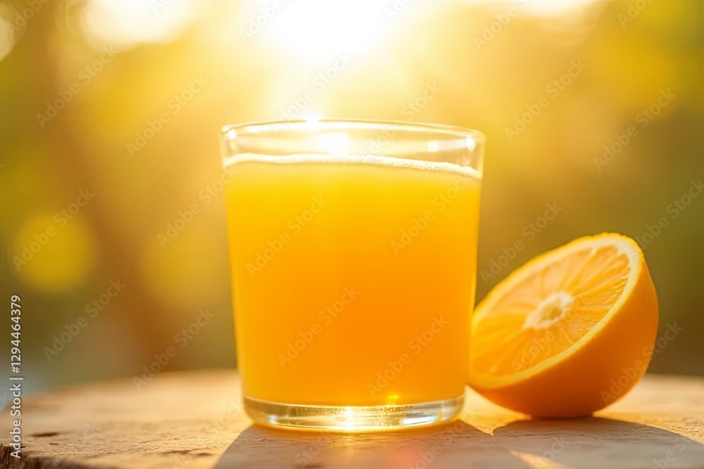 Fototapeta premium Refreshing orange juice drink outdoor setting glass beverage bright sunshine close-up view vibrant flavor