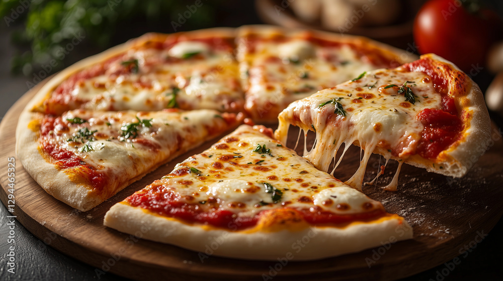 Pizza with cheese, basil and tomatoes Pizza with cheese, basil and tomatoes