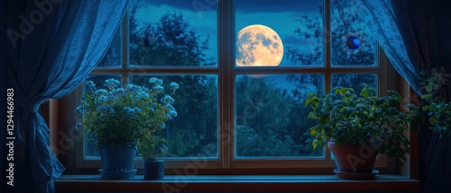 Serene full moon night view through window with floral pots creating a peaceful indoor scene and a dreamy atmosphere in the dark