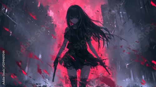 An anime girl stands armed in a fiery urban environment photo