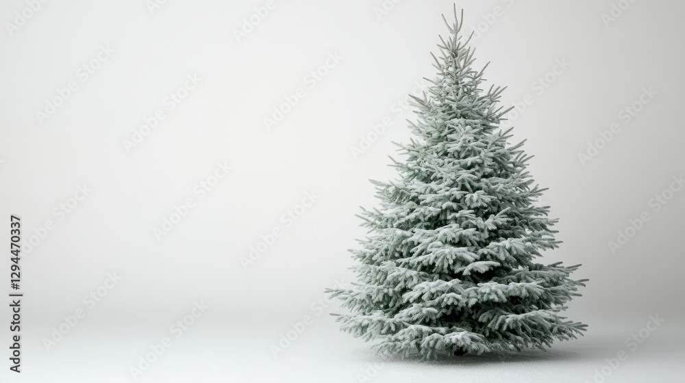 Fototapeta premium Snow Covered Evergreen Tree on White Background Winter Holiday Scene