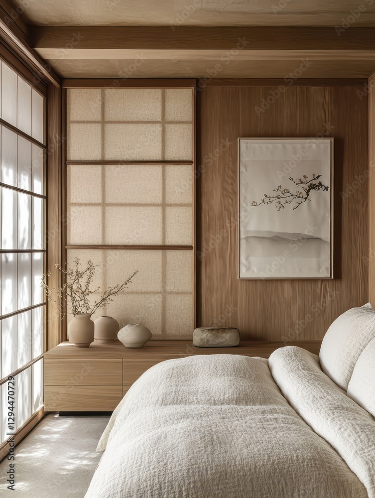 Fototapeta premium Serene minimalistic bedroom with a contemporary Japanese aesthetic style