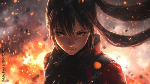 Focused anime woman stands in the middle of a fiery battle scene