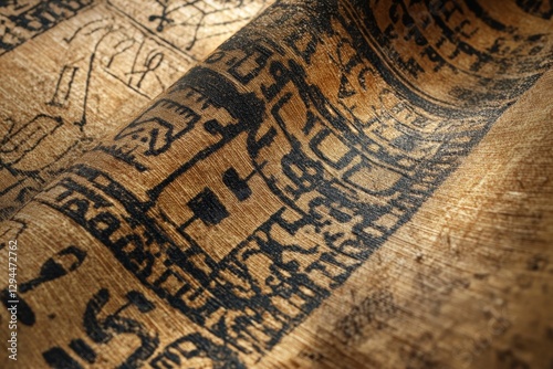Ancient script etched on a folded papyrus scroll. photo