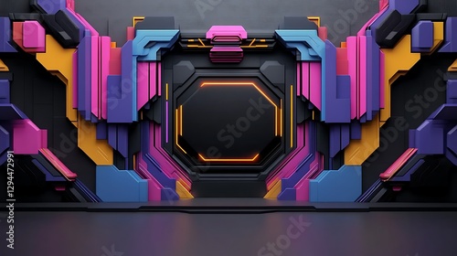 Neon-Colored Abstract 3D Render: Geometric Portal Design AI Generated photo