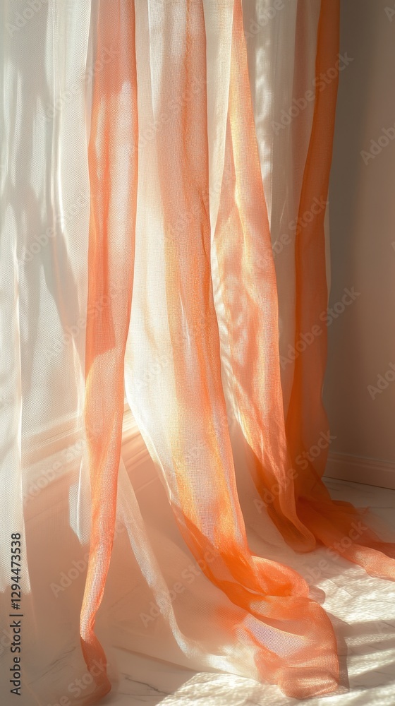 Ethereal peach and white sheer fabric drapes gracefully in soft sunlight casting gentle shadows creating a warm inviting ambiance with subtle texture Ethereal peach and white sheer fabric drapes gracefully in soft sunlight casting gentle shadows creating a warm inviting ambiance with subtle texture