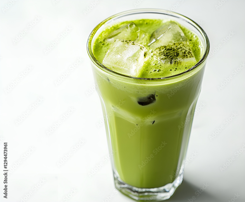 Iced Green matcha tea mixed with ice cube and milk in latte glass on white. Space for text. Close up. Iced Green matcha tea mixed with ice cube and milk in latte glass on white. Space for text. Close up.