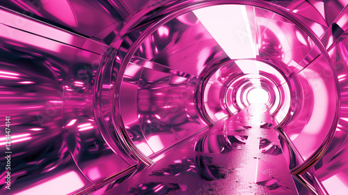 Futuristic metallic pink tunnel with reflective surfaces and neon lighting
