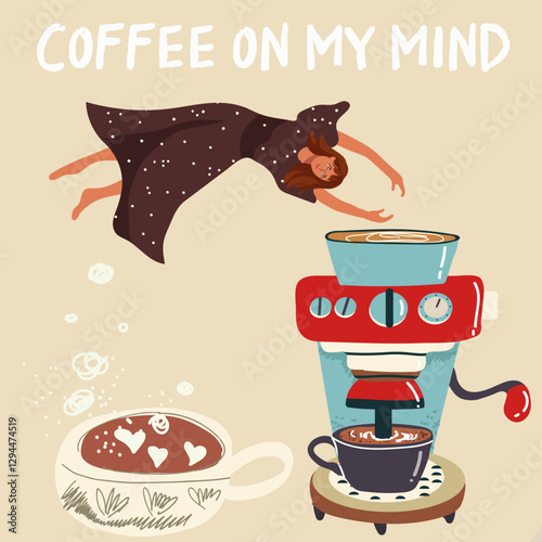 People enjoying coffee, the girl dives into the coffee machine, the coffeemaker, coffee on my mind.