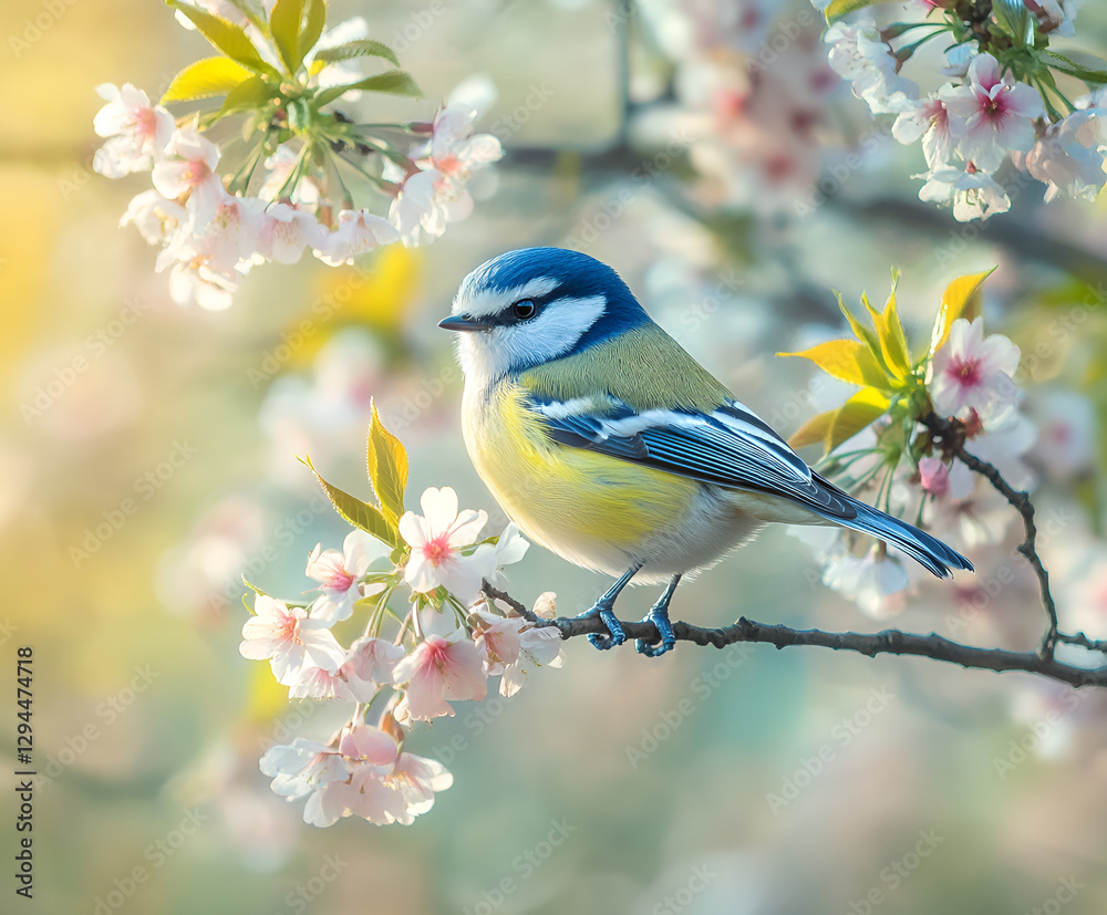 Obraz premium Little bird sitting on branch of blossom cherry tree. The blue tit. Spring time