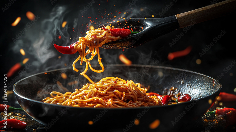 spicy noodles stir fry in wok with red chili peppers hot eat food thai meal tasty asian pasta lunch spicy noodles stir fry in wok with red chili peppers hot eat food thai meal tasty asian pasta lunch