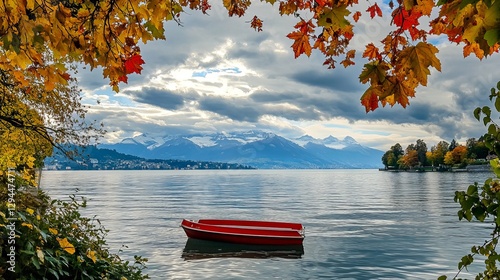 A peaceful view of Lake Geneva with a lone red boat gently floating, while the majestic Alps rise in the background beneath a cloudy sky, framed by colorful foliage.