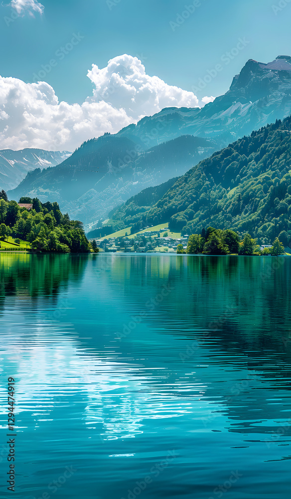 Fototapeta premium A realistic shot of turquoise blue waters reflecting the clear sky, capturing the beauty and serenity of nature in a stunning landscape.
