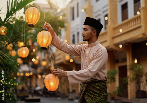 Muslim man hanging traditional paper lanterns in a city street, preparing for ramadan or eid al fitr celebrations, creating a warm and festive atmosphere photo