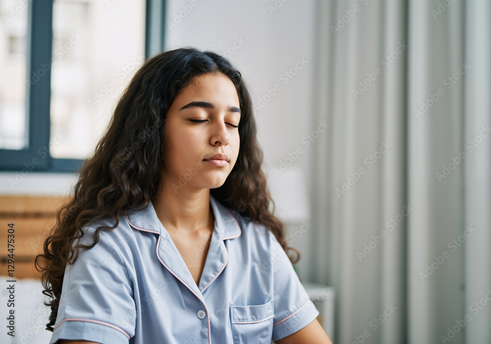 Serene young woman practicing mindfulness in pajamas, enjoying a peaceful meditation on her bed in soft morning light Serene young woman practicing mindfulness in pajamas, enjoying a peaceful meditation on her bed in soft morning light