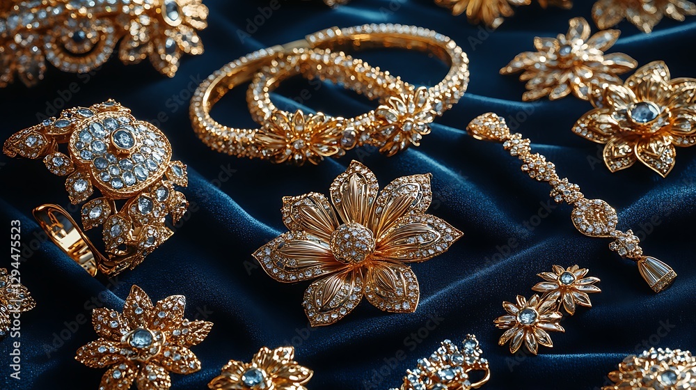 Fototapeta premium Luxurious Golden Jewelry Flat Lay Display