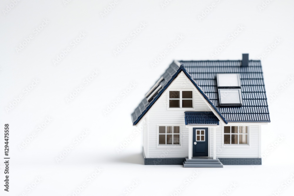 A small model house with a blue roof and white walls, representing homeownership and real estate concepts. A small model house with a blue roof and white walls, representing homeownership and real estate concepts.