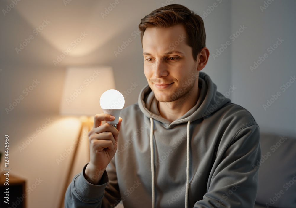 Man examining a glowing led light bulb, promoting energy efficiency and sustainable lighting solutions in residential settings Man examining a glowing led light bulb, promoting energy efficiency and sustainable lighting solutions in residential settings