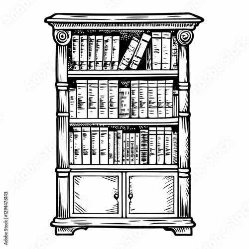 Vintage Bookshelf Illustration Classic Hand Drawn Library Cabinet Design